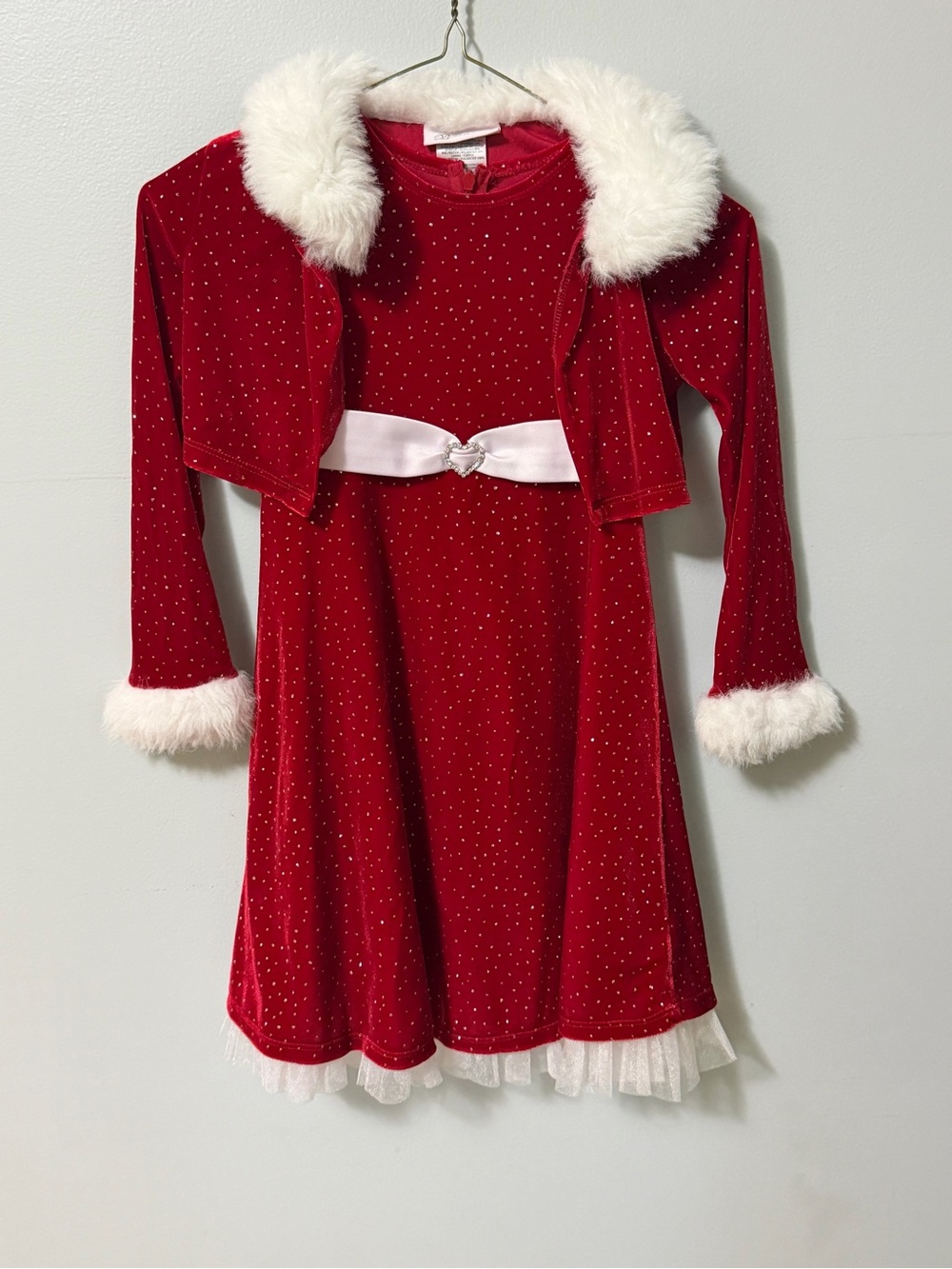 Bonnie Jean Girls Size 6 Christmas Dress & Faux Fur Bolero Red Velvet Sparkle